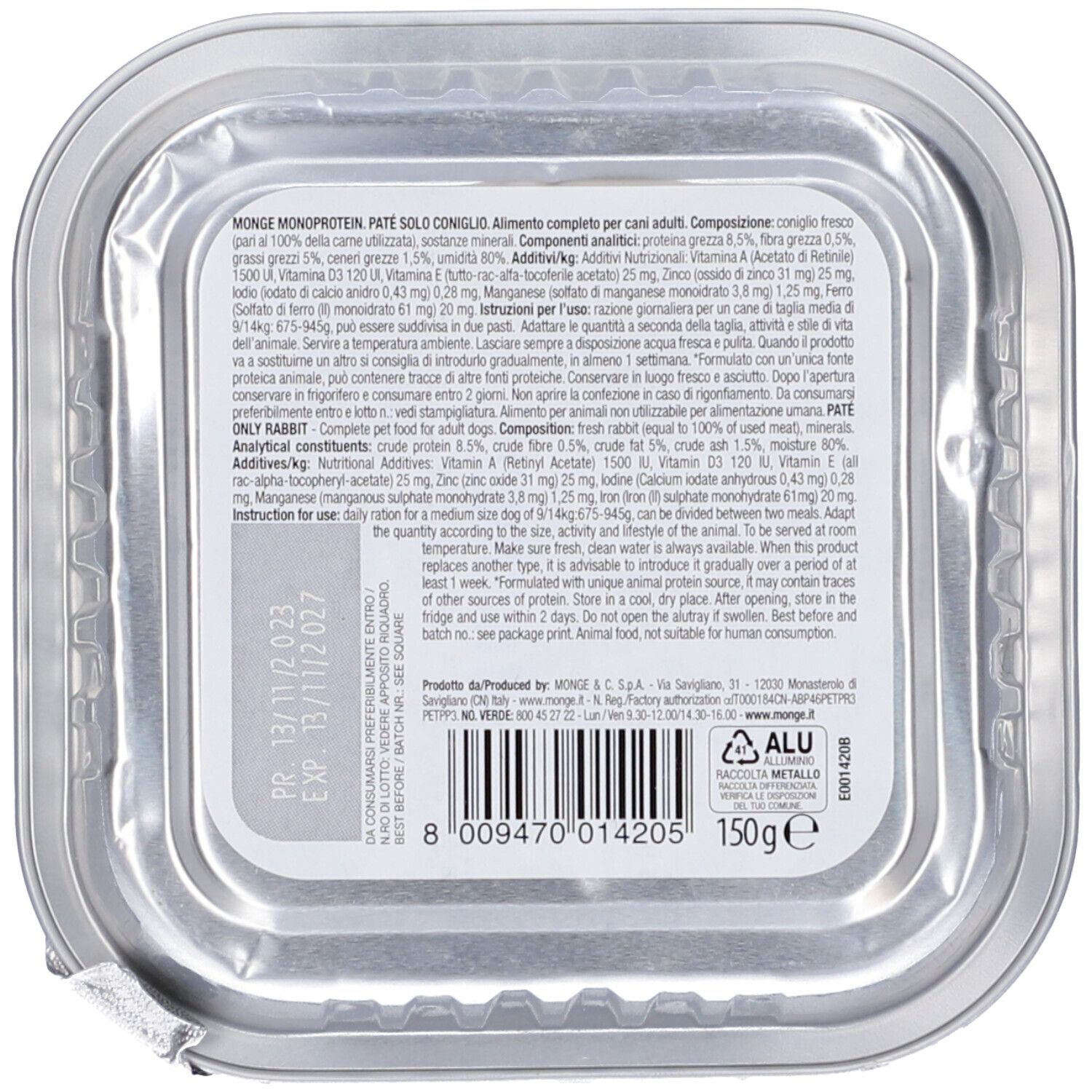 Retro confezione Monge Monoproteico. Testo, codice a barre e '150g'. Scadenza: 13/11/2023.