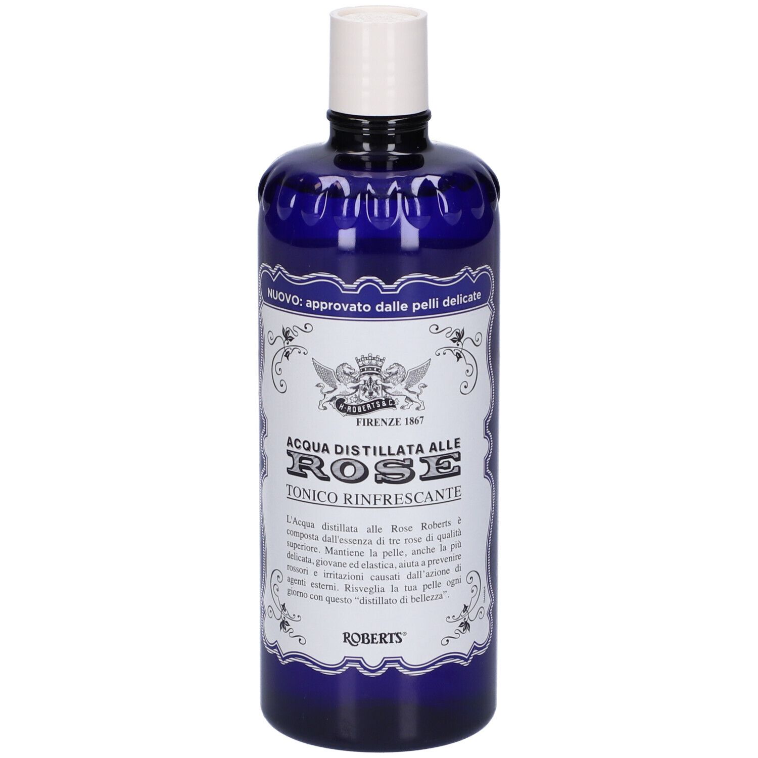Bouteille bleue avec bouchon blanc. Étiquette avec texte: Acqua Distillata alle Rose, Tonico Rinfrescante. Marque Roberts.