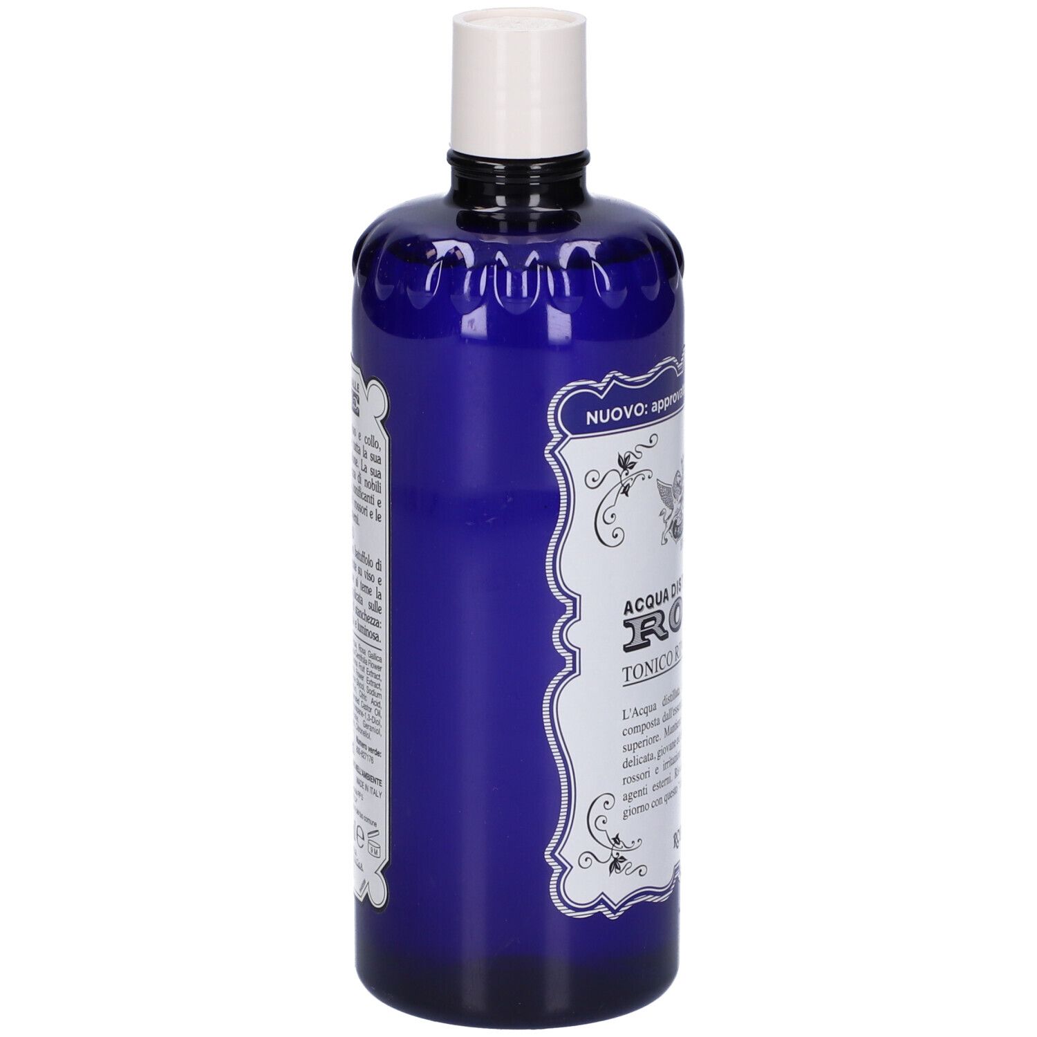Bouteille bleue avec bouchon blanc. Étiquette avec texte: Acqua Distillata alle Rose, Tonico Rinfrescante. Marque Roberts.