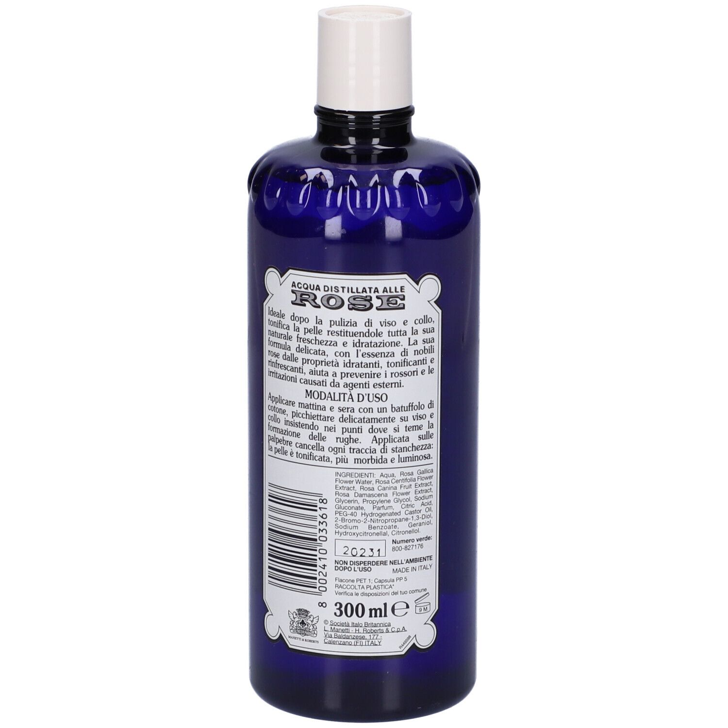 Bouteille bleue avec bouchon blanc. Étiquette avec texte: Acqua Distillata alle Rose, Tonico Rinfrescante. Marque Roberts. 300 ml.