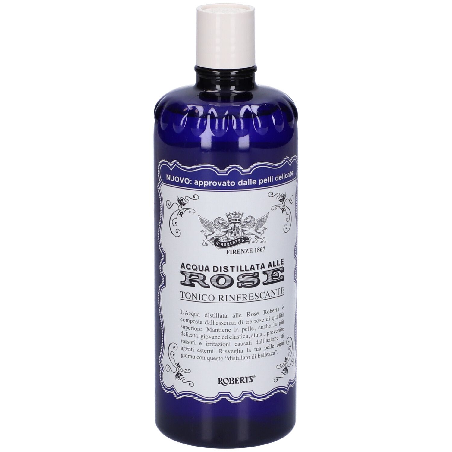 Bouteille bleue avec bouchon blanc. Étiquette avec texte: Acqua Distillata alle Rose, Tonico Rinfrescante. Marque Roberts.