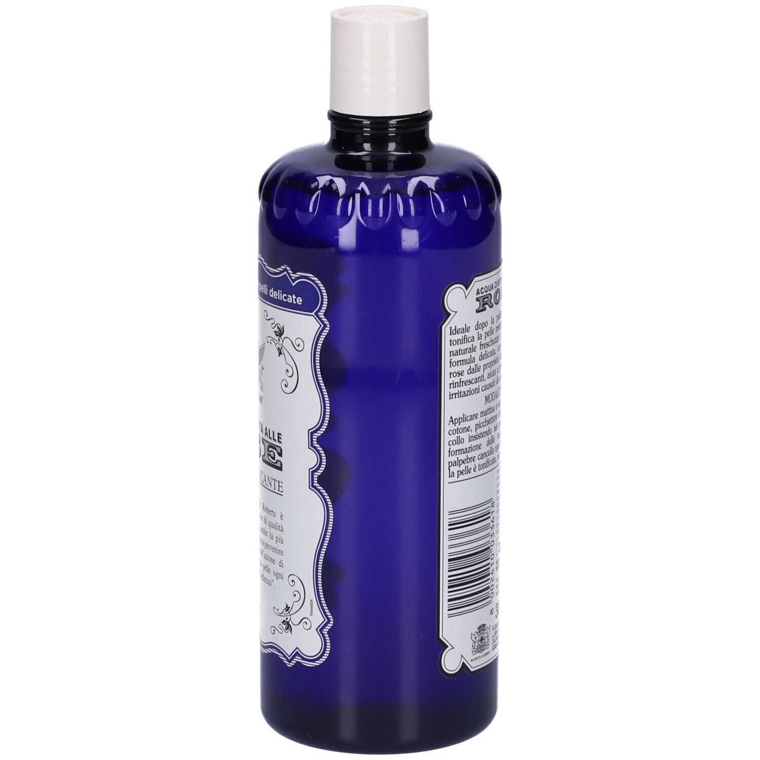 Bouteille bleue avec bouchon blanc. Étiquette avec texte: Acqua Distillata alle Rose, Tonico Rinfrescante. Marque Roberts.