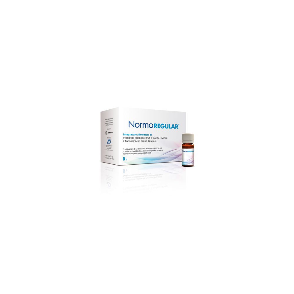 Confezione e flaconcino Normoregular. Scritta Normoregular. Flaconcino con liquido marrone.