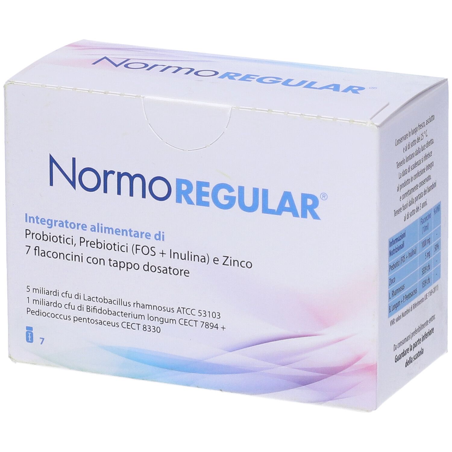 Scatola Normoregular. Scritta Normoregular. Contiene 7 flaconcini. Informazioni su ingredienti e dosaggio.