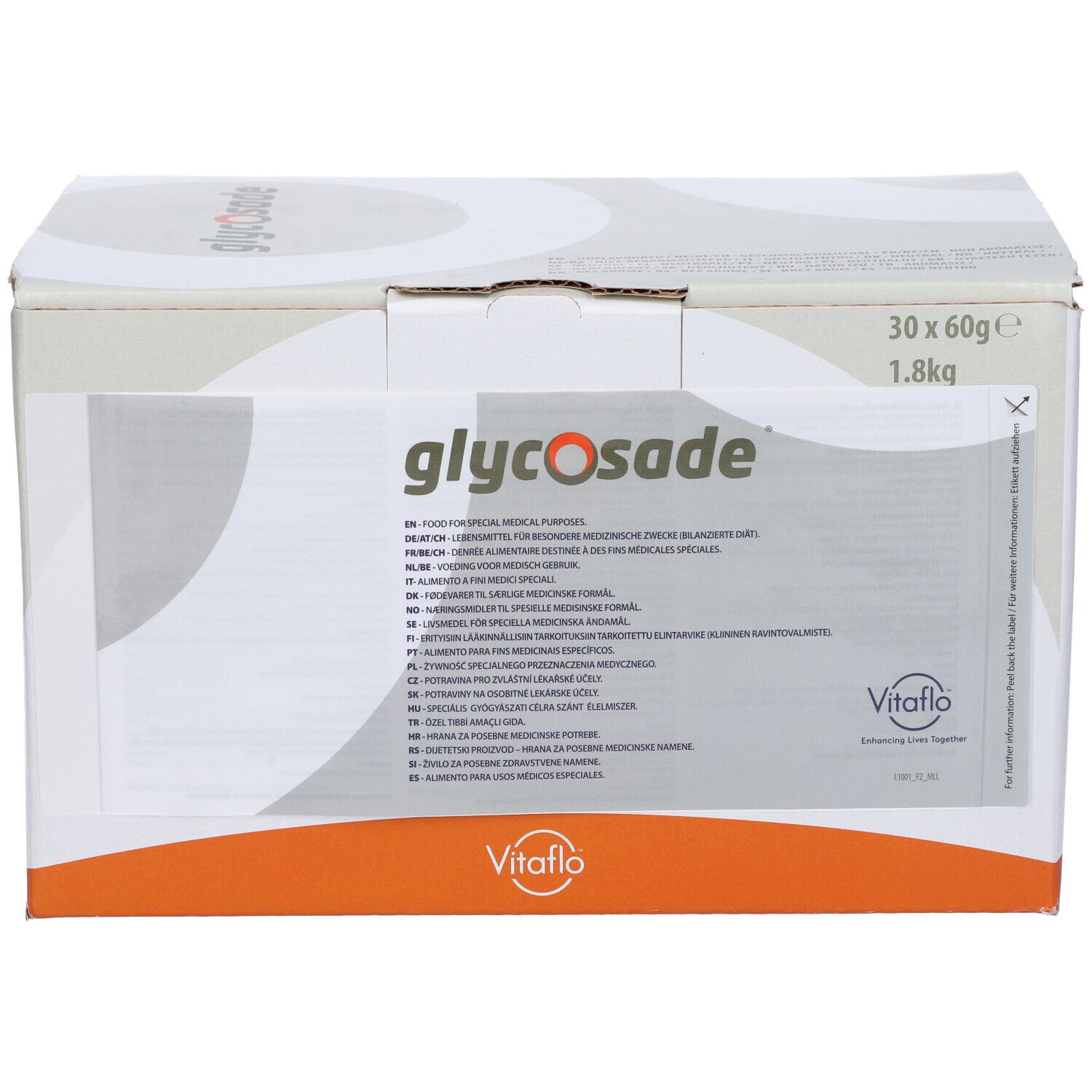 Scatola di Glycosade, 30 bustine da 60g. Marchio Vitaflo.