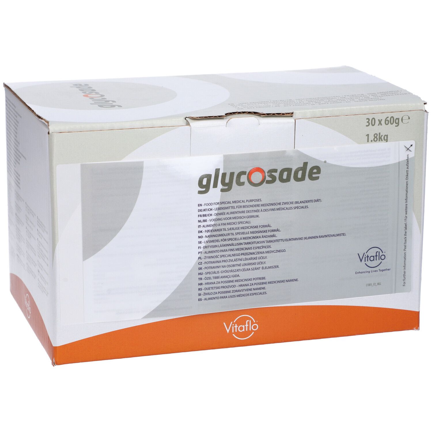 Scatola di Glycosade, 30 bustine da 60g. Marchio Vitaflo.