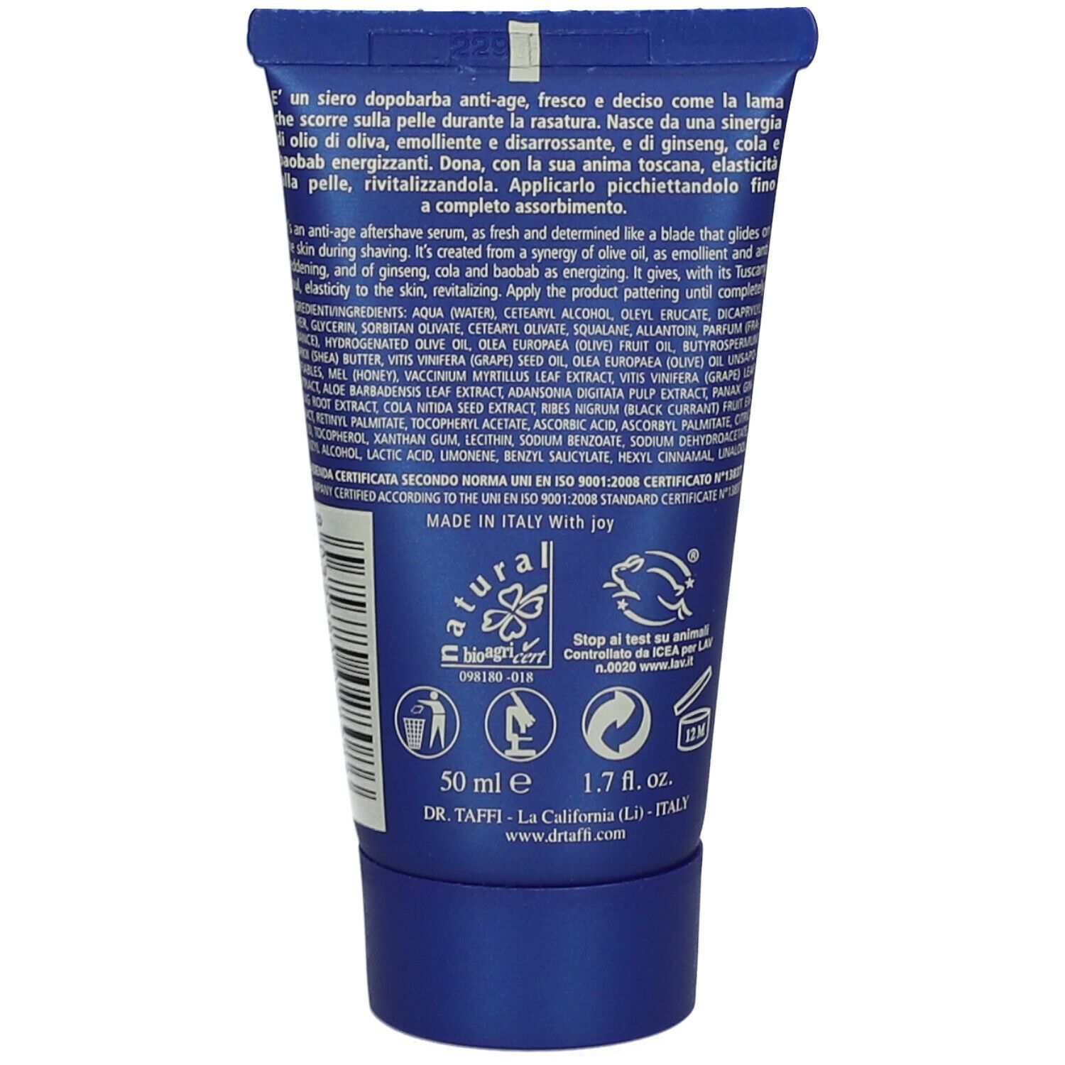 Tubo blu con testo e loghi. Contiene 50 ml. Con certificazioni e indicazione "Made in Italy".