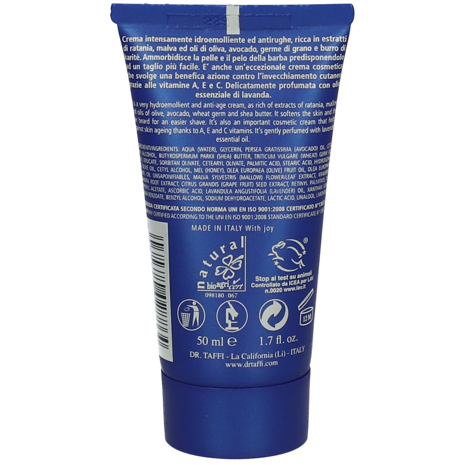 Retro del tubo blu. Testo: Crema Da Barba. Contiene 50 ml. Con certificazioni e ingredienti.