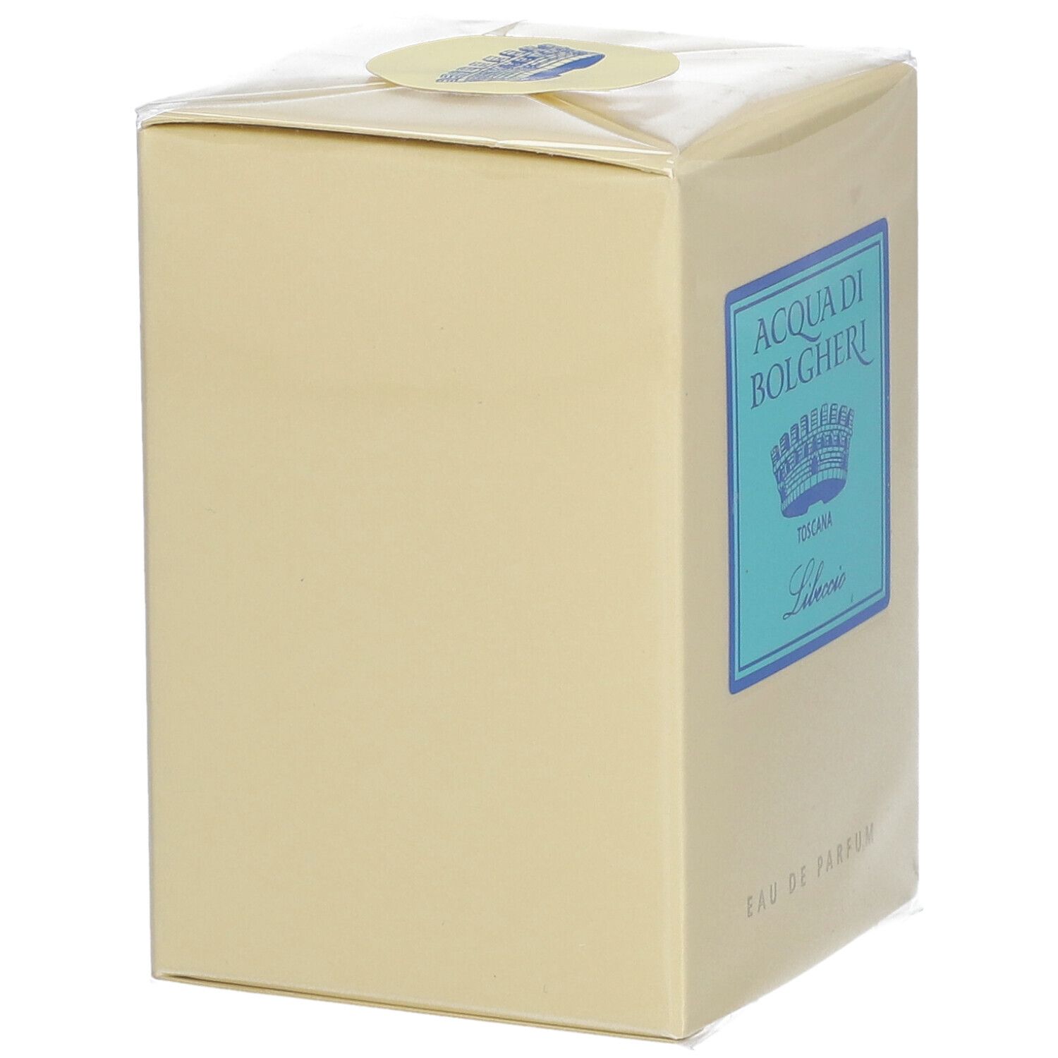 Beige rechteckige Schachtel mit blauem Etikett. Auf dem Etikett steht "ACQUA DI BOLGHERI Toscana Libeccio". Oben ein runder Aufkleber.