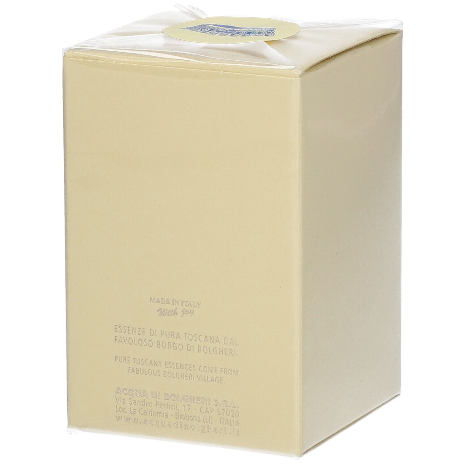 Beige rechteckige Schachtel mit Text auf der Rückseite. Oben ein runder Aufkleber. Text: "MADE IN ITALY", "ESSENZE DI PURA TOSCANA..."