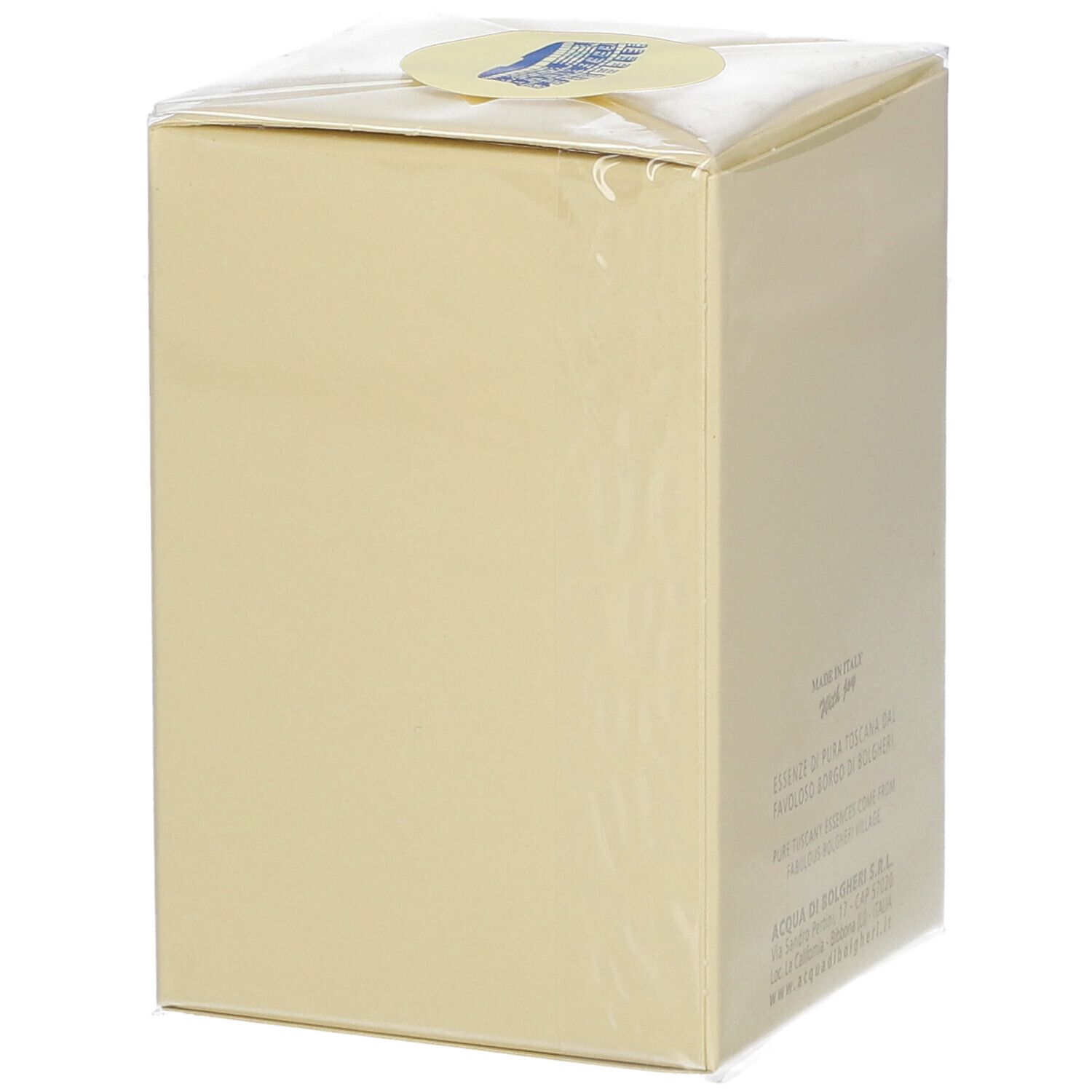 Beige rechteckige Schachtel mit Text auf der Rückseite. Oben ein runder Aufkleber. Text: "MADE IN ITALY", "ESSENZE DI PURA TOSCANA..."