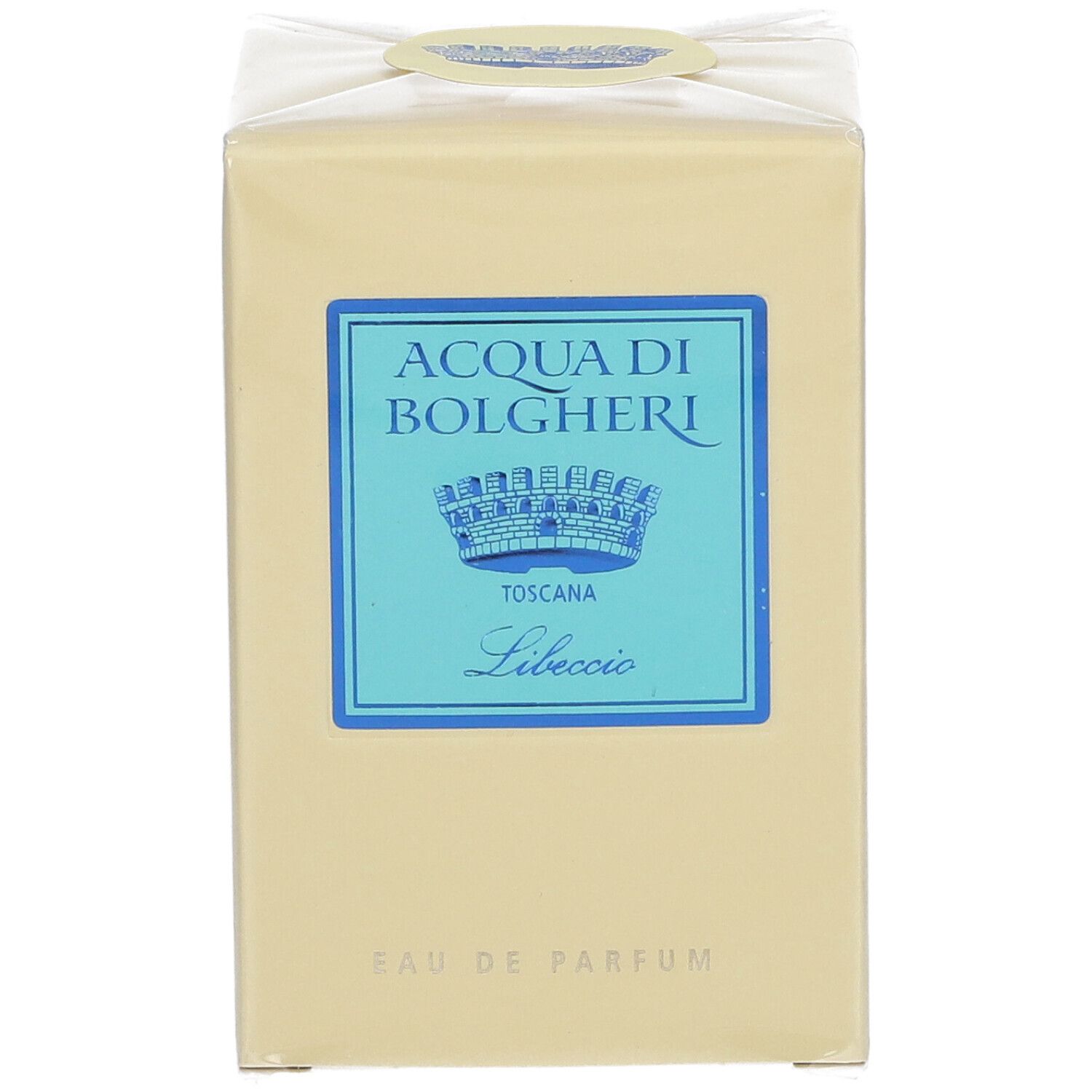Beige rechteckige Schachtel mit blauem Etikett. Auf dem Etikett steht "ACQUA DI BOLGHERI Toscana Libeccio". Oben ein runder Aufkleber.