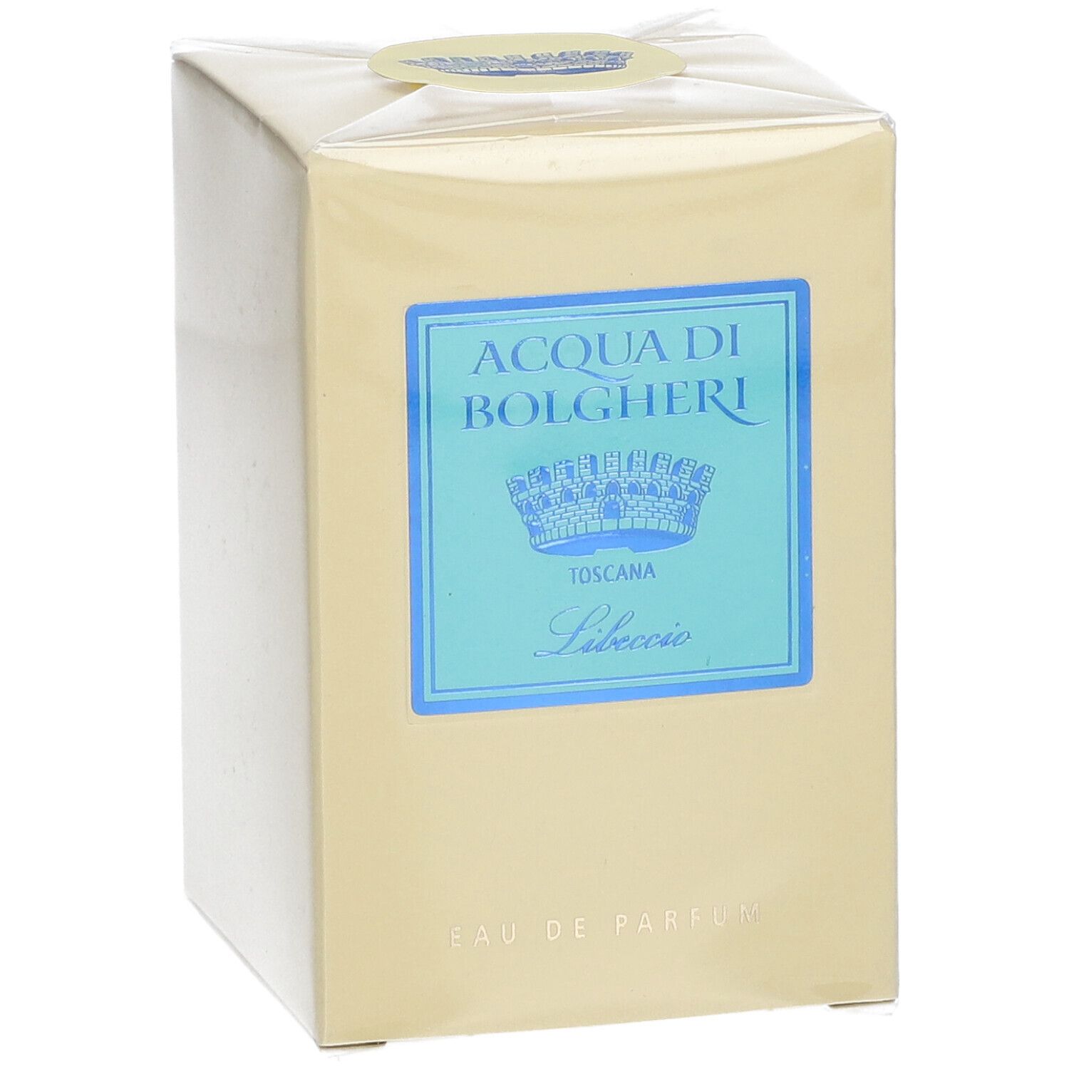 Beige rechteckige Schachtel mit blauem Etikett. Auf dem Etikett steht "ACQUA DI BOLGHERI Toscana Libeccio". Oben ein runder Aufkleber.