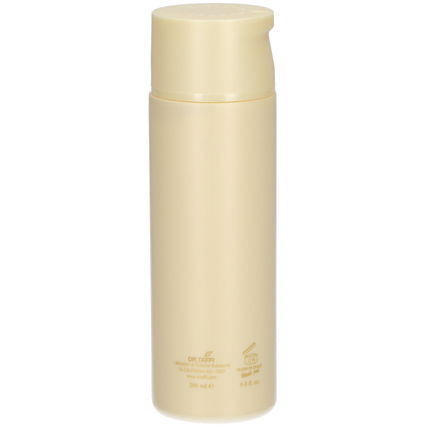 Flacone di lozione per il corpo beige, vista posteriore. Stampe: DR. TAFFI, 200 ml, 6.8 fl. oz.