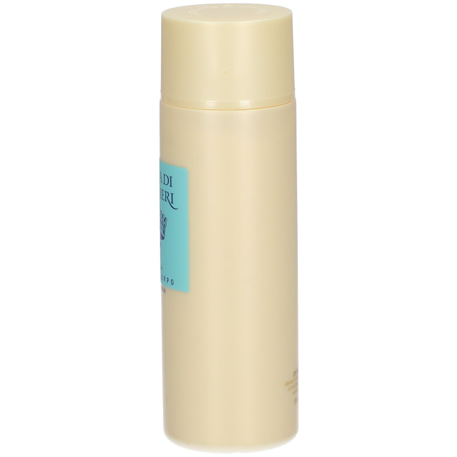 Flacone di lozione per il corpo beige, vista laterale. Scritta: ACQUA DI BOLGHERI, Libeccio CREMA CORPO.