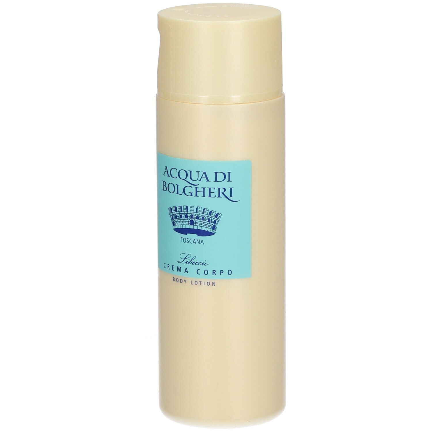 Flacone di lozione per il corpo beige con etichetta azzurra. Scritta: ACQUA DI BOLGHERI, Libeccio CREMA CORPO BODY LOTION.