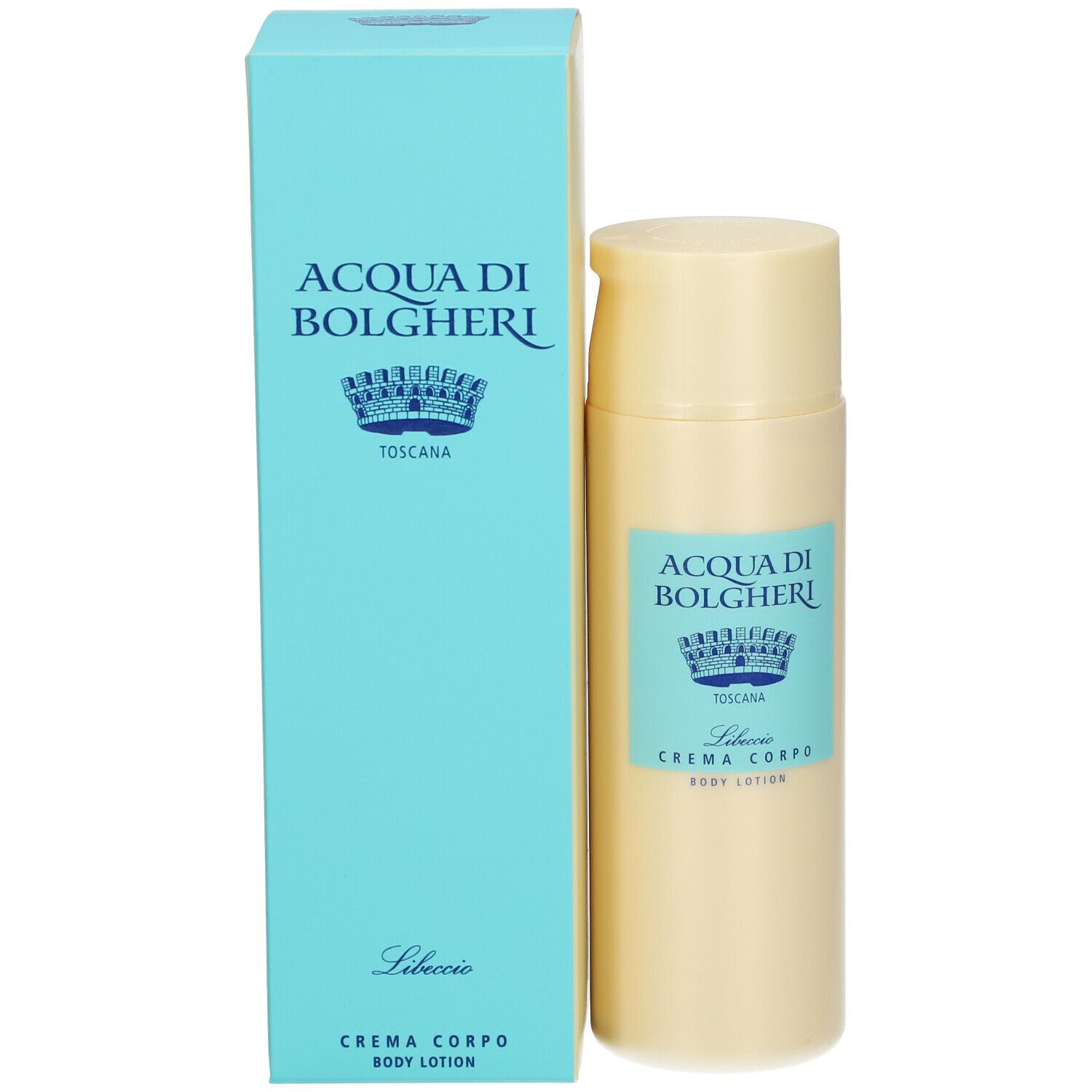 Flacone e scatola di lozione per il corpo. Flacone: ACQUA DI BOLGHERI, Libeccio CREMA CORPO. Scatola: azzurra, ACQUA DI BOLGHERI.