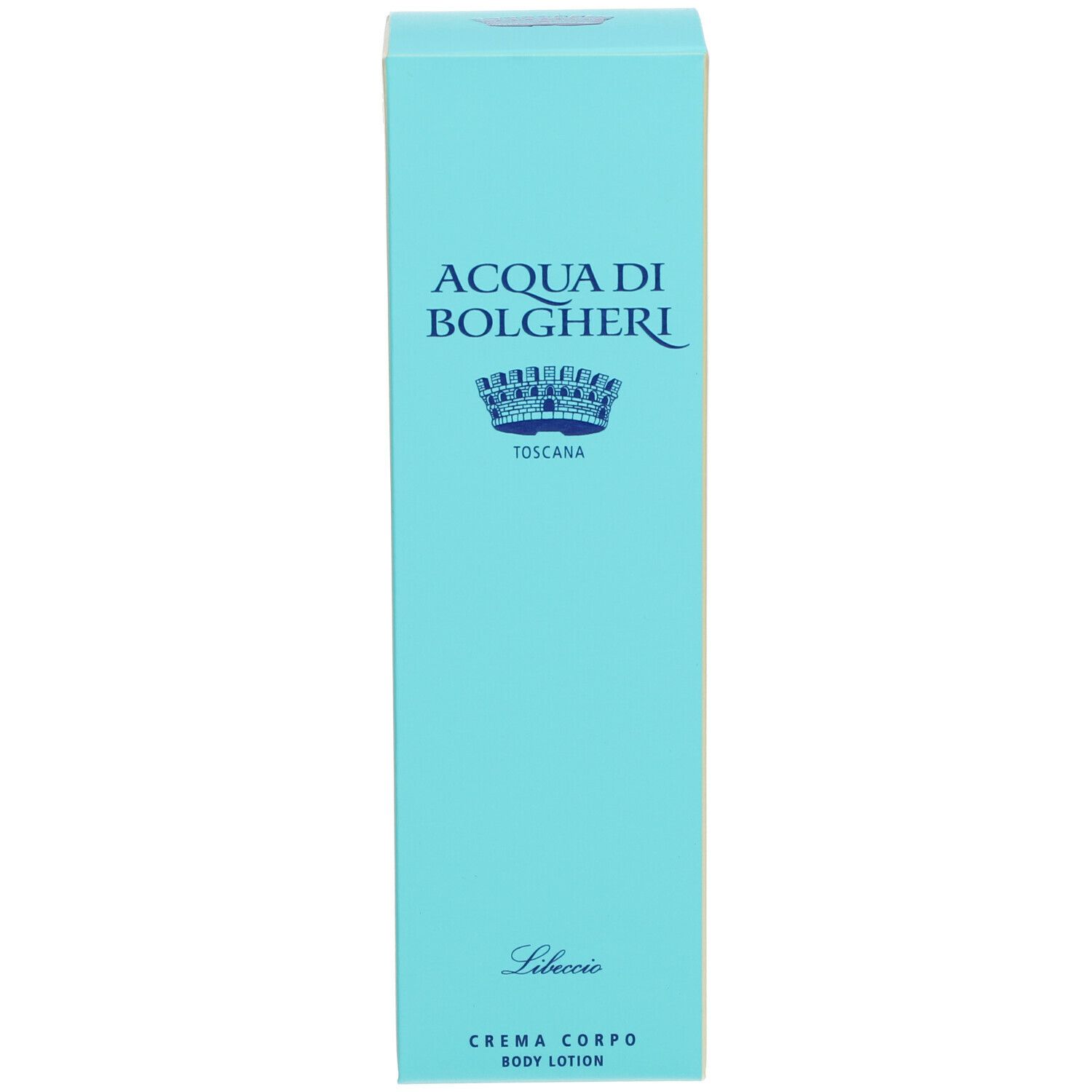 Scatola azzurra. Scritta: ACQUA DI BOLGHERI, Libeccio CREMA CORPO BODY LOTION.