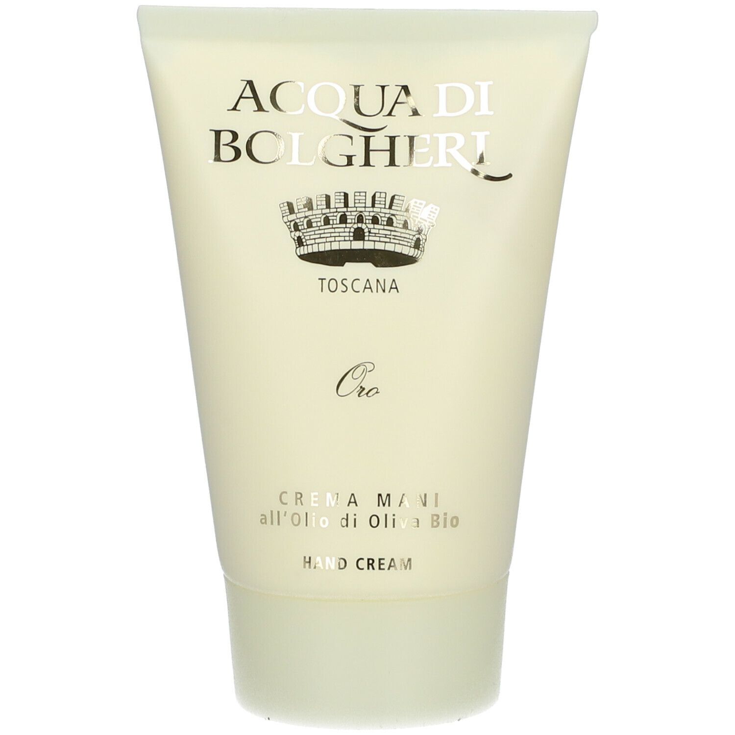 Tubo crema mani ACQUA DI BOLGHERI, Oro, Toscana. Tubo giallo chiaro con tappo verde.