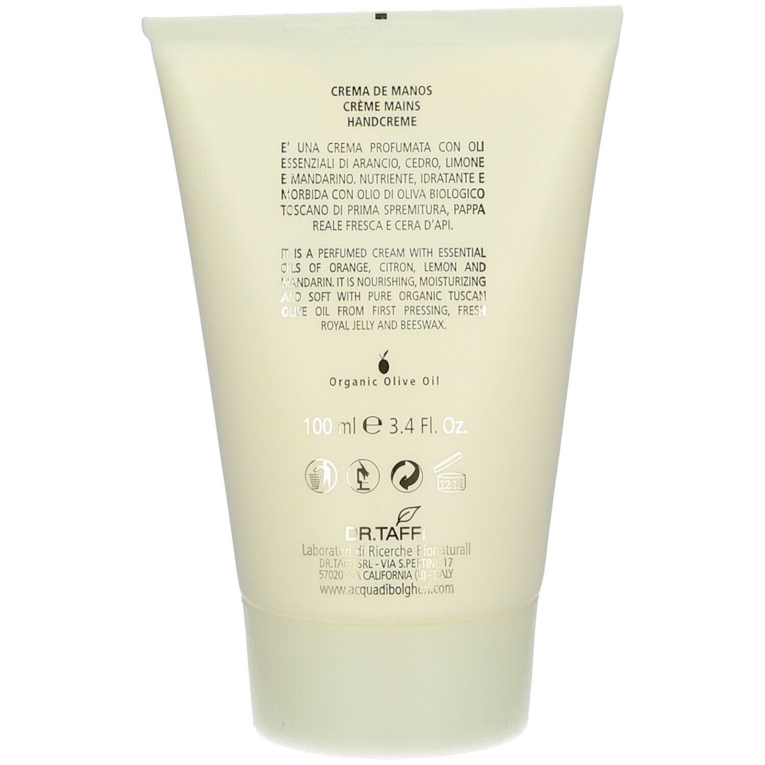 Retro del tubo crema. Testo: Crema mani, ingredienti, 100 ml, 3.4 Fl. Oz. Logo Dr. Taff.