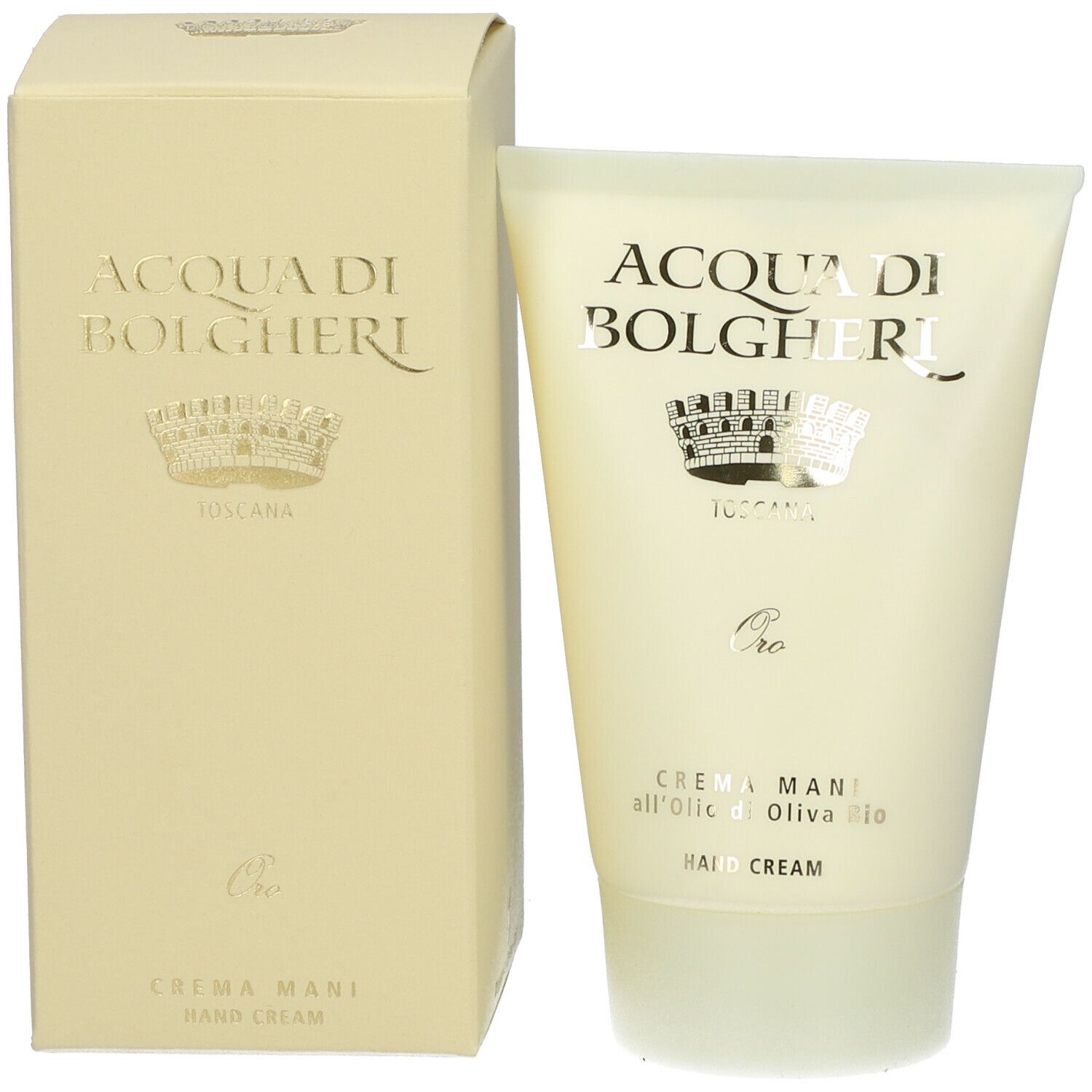 Tubo crema e scatola. Scritta ACQUA DI BOLGHERI, Oro, Toscana. Crema mani. Scatola e tubo giallo chiaro.