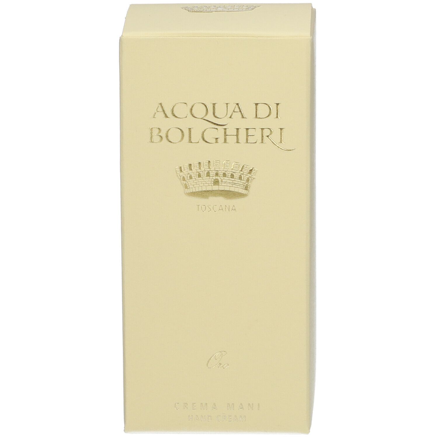 Scatola giallo chiaro con scritta ACQUA DI BOLGHERI, Oro, Toscana. Crema mani. Coperchio chiuso.