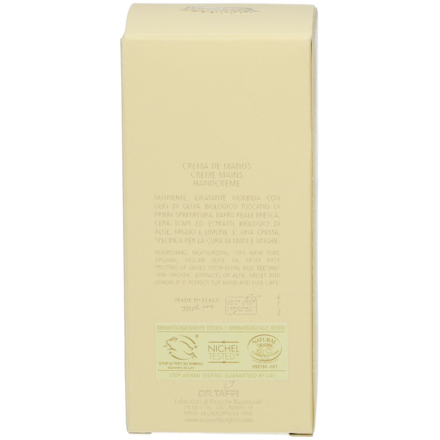 Retro della scatola. Testo: Crema mani, ingredienti, Prodotto in Italia. Certificazioni.
