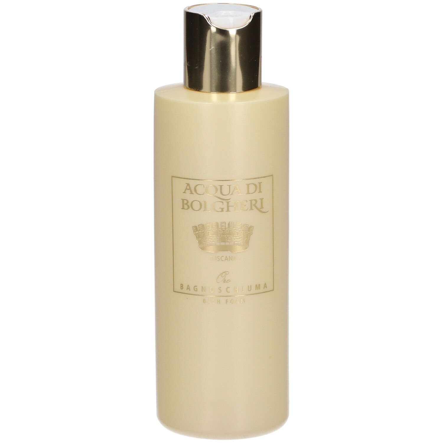 Flacone beige con tappo dorato. Scritta: ACQUA DI BOLGHERI, Oro Bagnoschiuma.