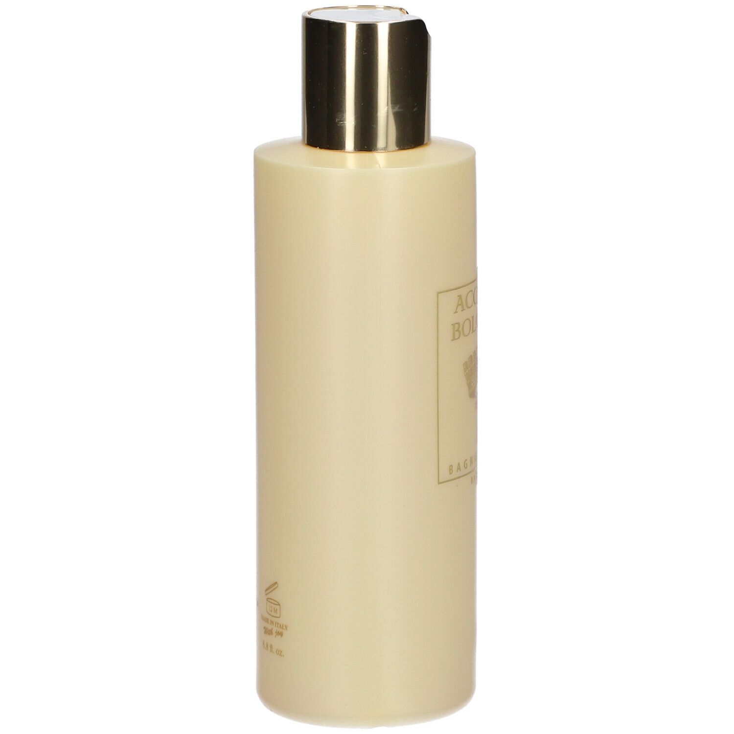Flacone beige con tappo dorato. Scritta: ACQUA DI BOLGHERI, Oro Bagnoschiuma.
