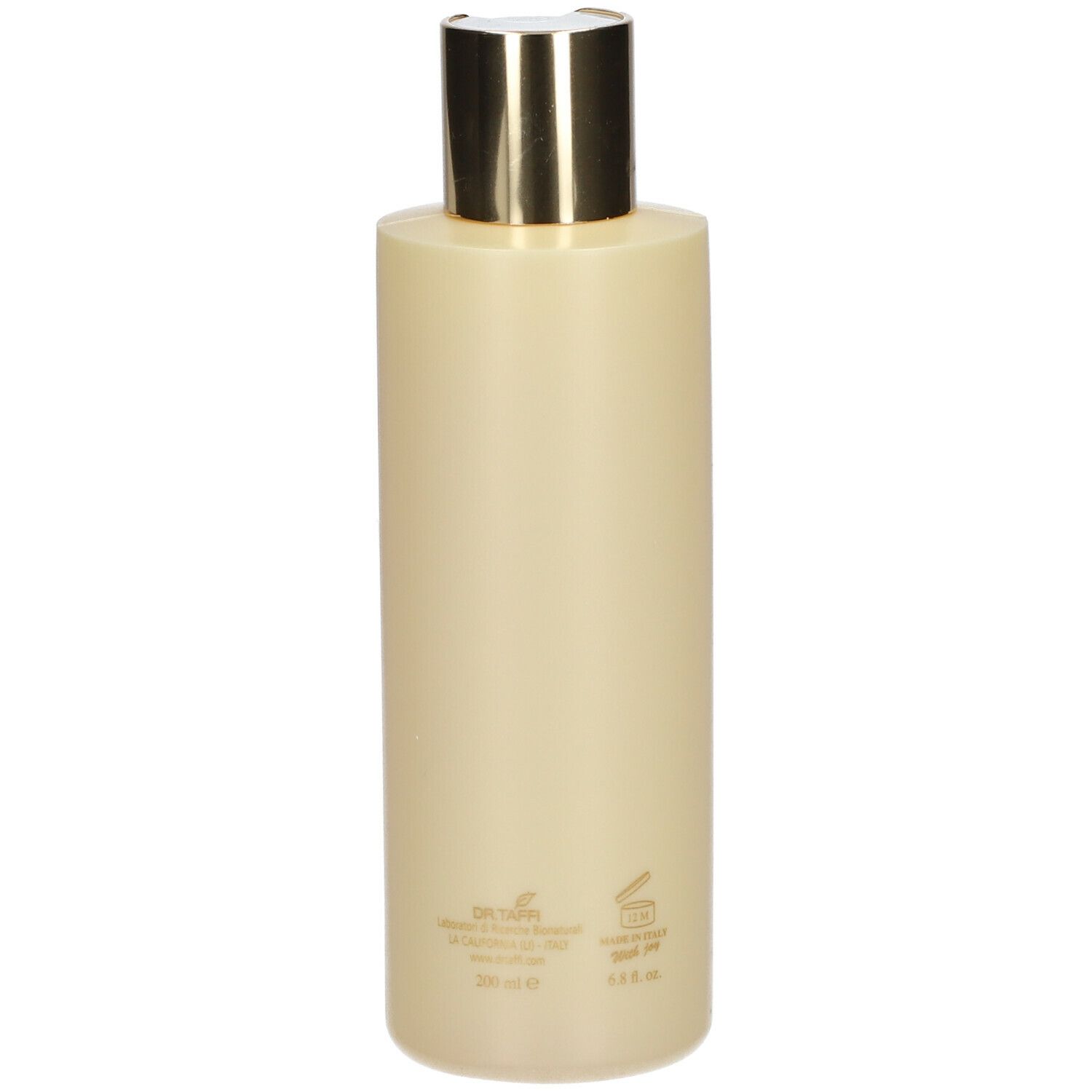 Flacone beige con tappo dorato. Scritta: ACQUA DI BOLGHERI, Oro Bagnoschiuma.