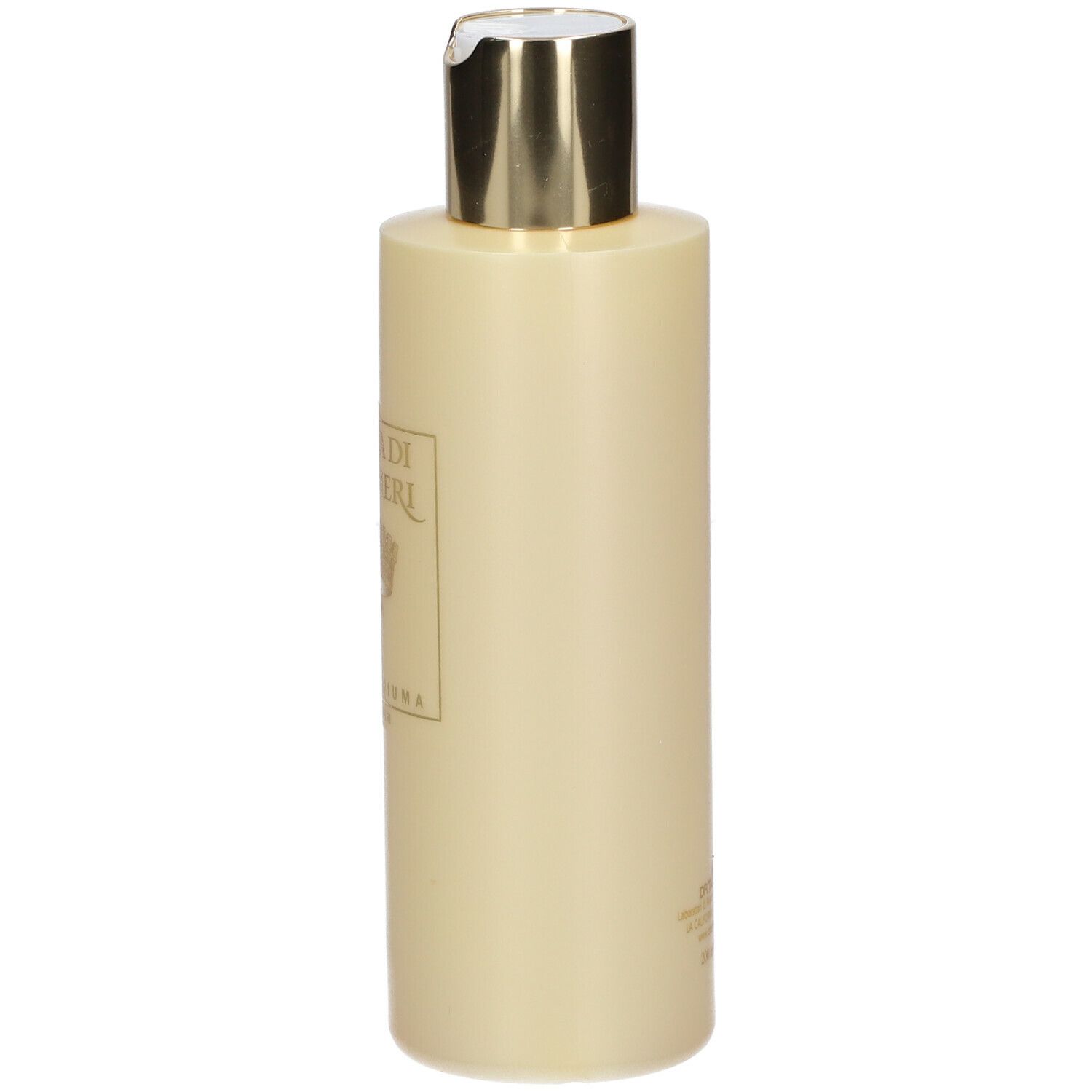 Flacone beige con tappo dorato. Scritta: ACQUA DI BOLGHERI, Oro Bagnoschiuma.