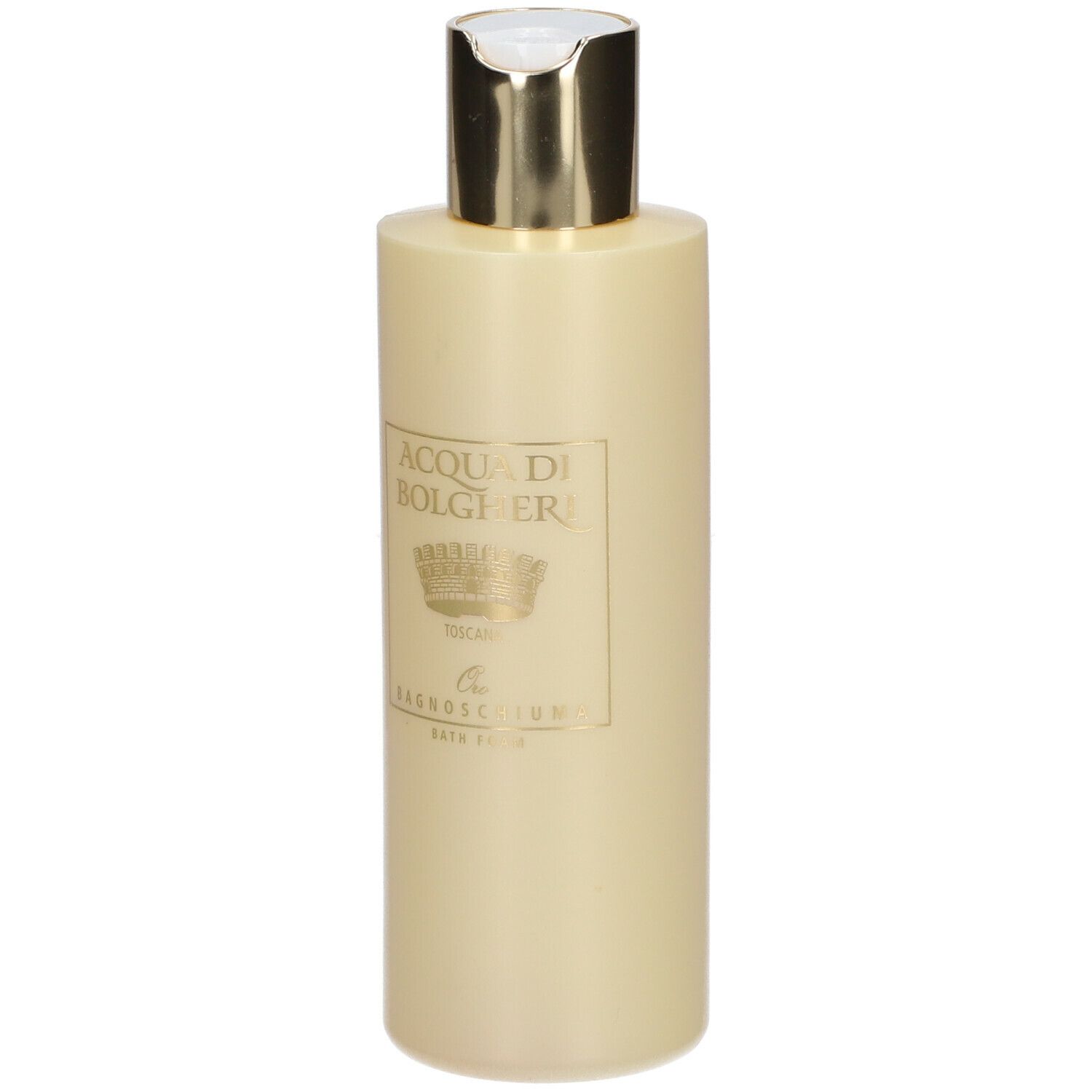 Flacone beige con tappo dorato. Scritta: ACQUA DI BOLGHERI, Oro Bagnoschiuma.