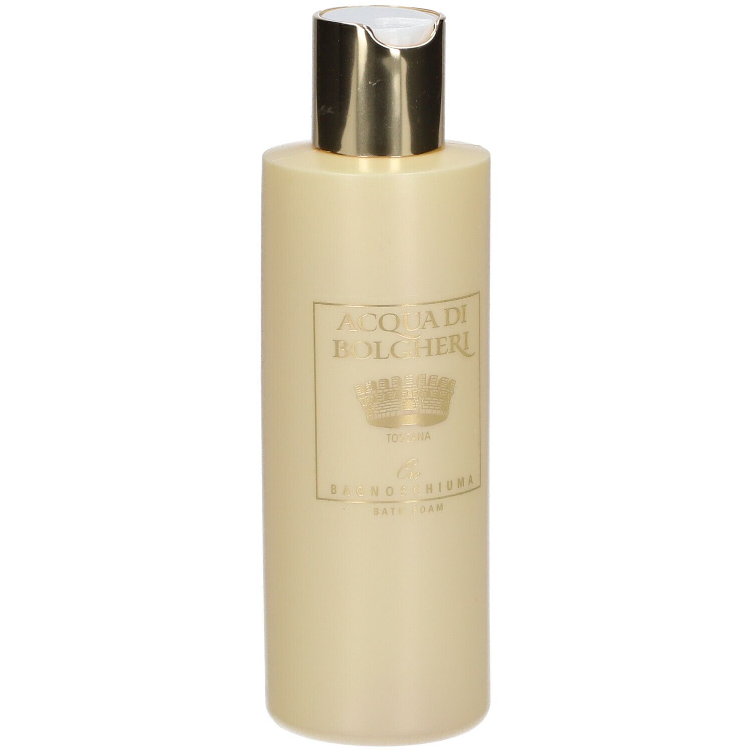 Flacone beige con tappo dorato. Scritta: ACQUA DI BOLGHERI, Oro Bagnoschiuma.