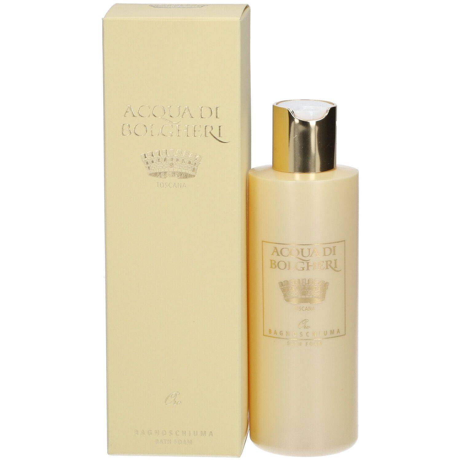 Flacone e confezione beige. Scritta: ACQUA DI BOLGHERI, Oro Bagnoschiuma.