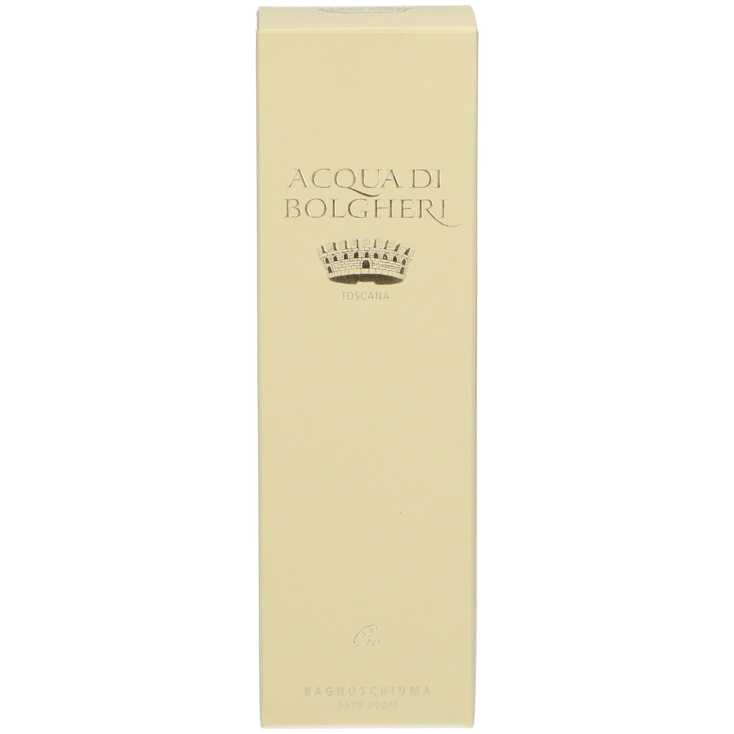 Confezione beige. Scritta: ACQUA DI BOLGHERI, Oro Bagnoschiuma.