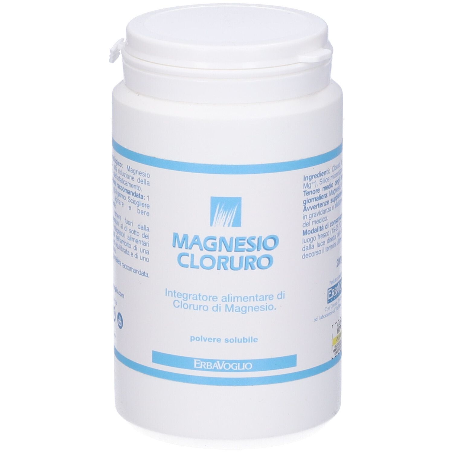 Barattolo bianco con etichetta blu. Scritta: Magnesio Cloruro, polvere. Marchio: Erba Voglio.