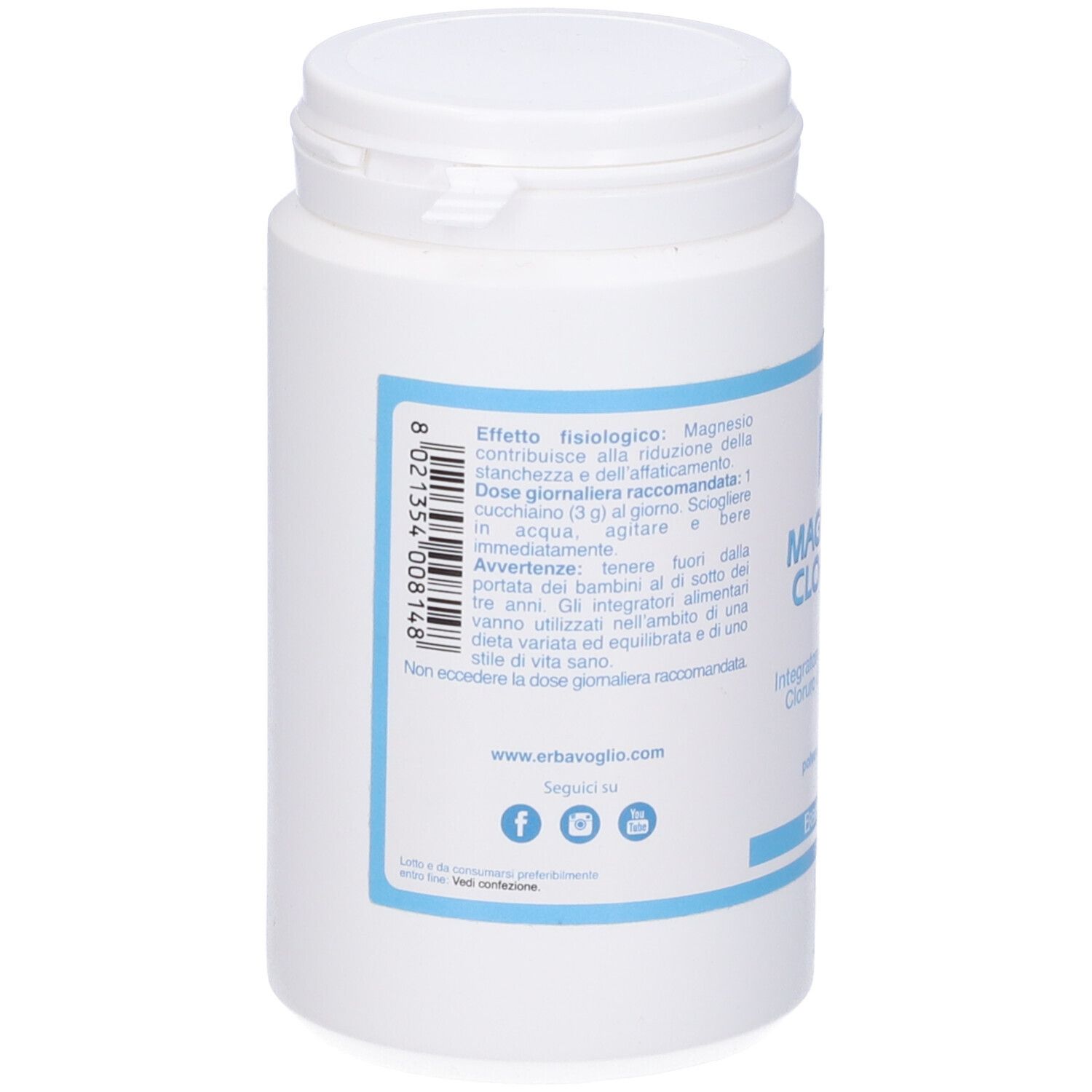 Barattolo bianco con etichetta blu. Retro con testo e loghi. Marchio: Erba Voglio.