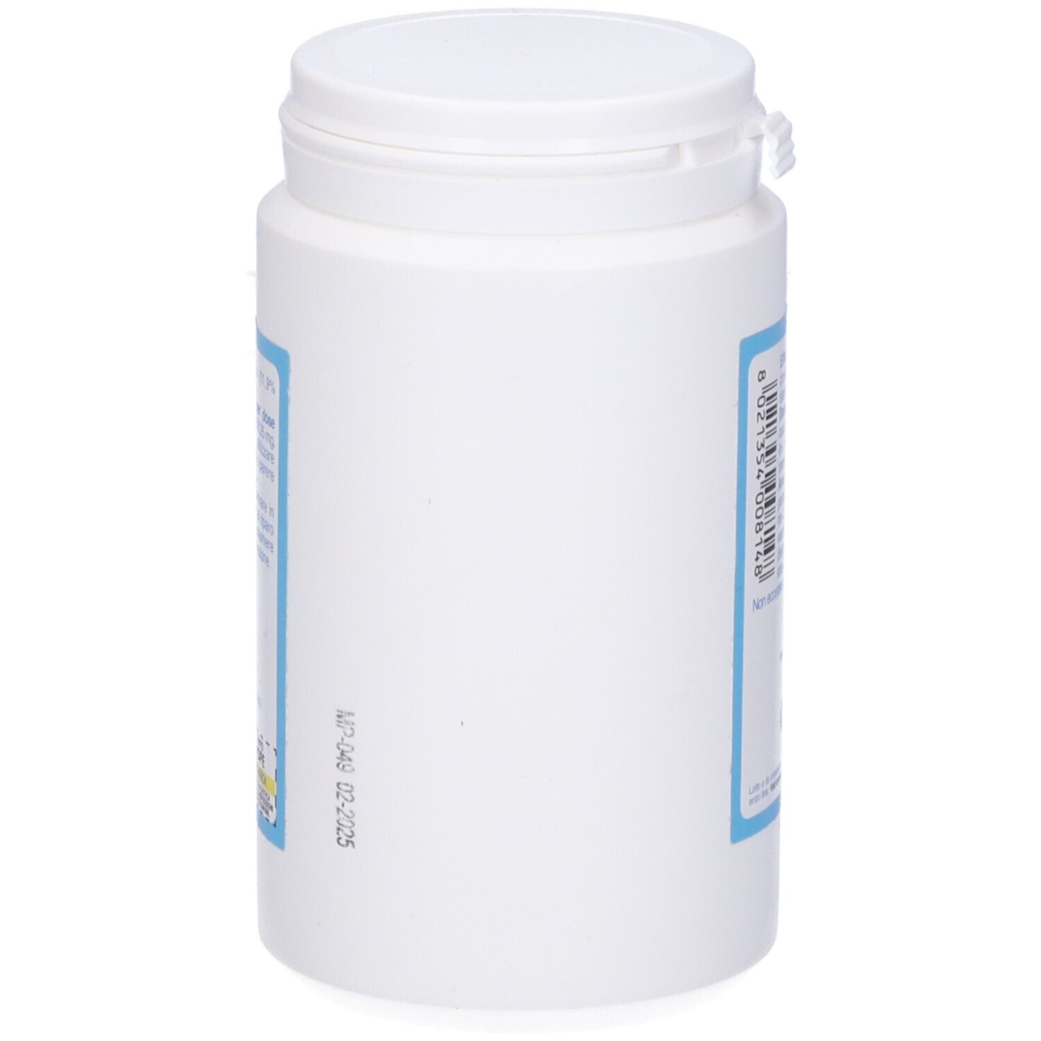 Barattolo bianco con etichetta blu. Lato con testo. Marchio: Erba Voglio.