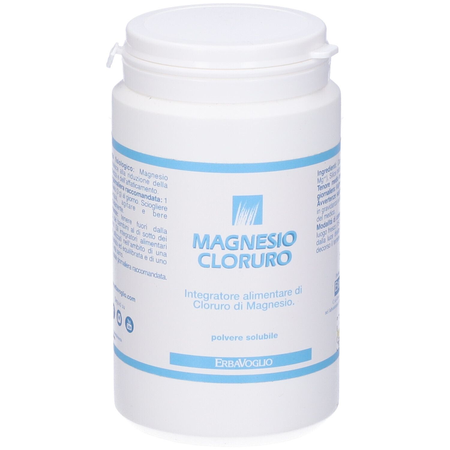 Barattolo bianco con etichetta blu. Scritta: Magnesio Cloruro, polvere. Marchio: Erba Voglio.