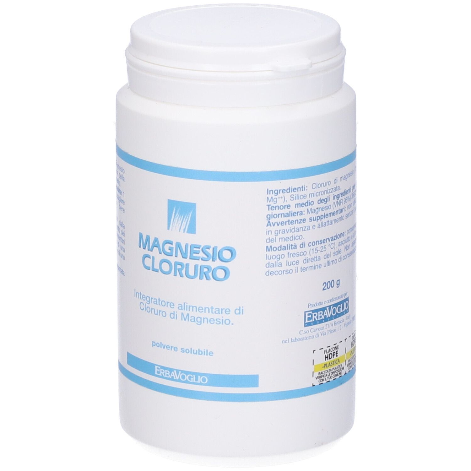 Barattolo bianco con etichetta blu. Scritta: Magnesio Cloruro, polvere. Marchio: Erba Voglio.
