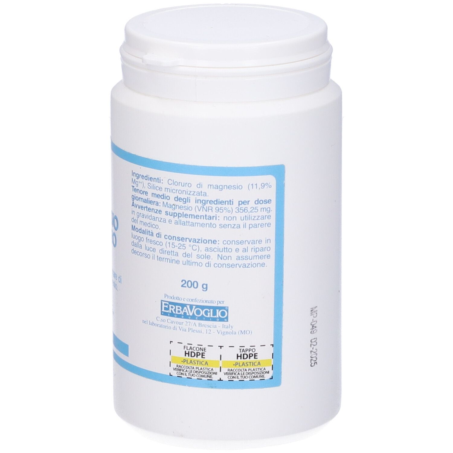 Barattolo bianco con etichetta blu. Retro con testo e 200g. Marchio: Erba Voglio.