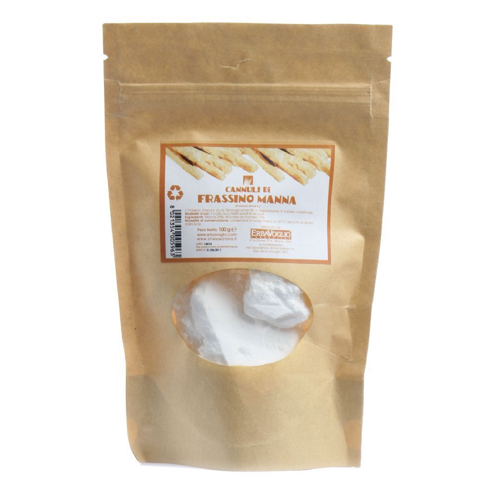 Confezione di Cannuli di Frassino Manna con finestra. Mostra polvere bianca. Imballaggio marrone con etichetta.