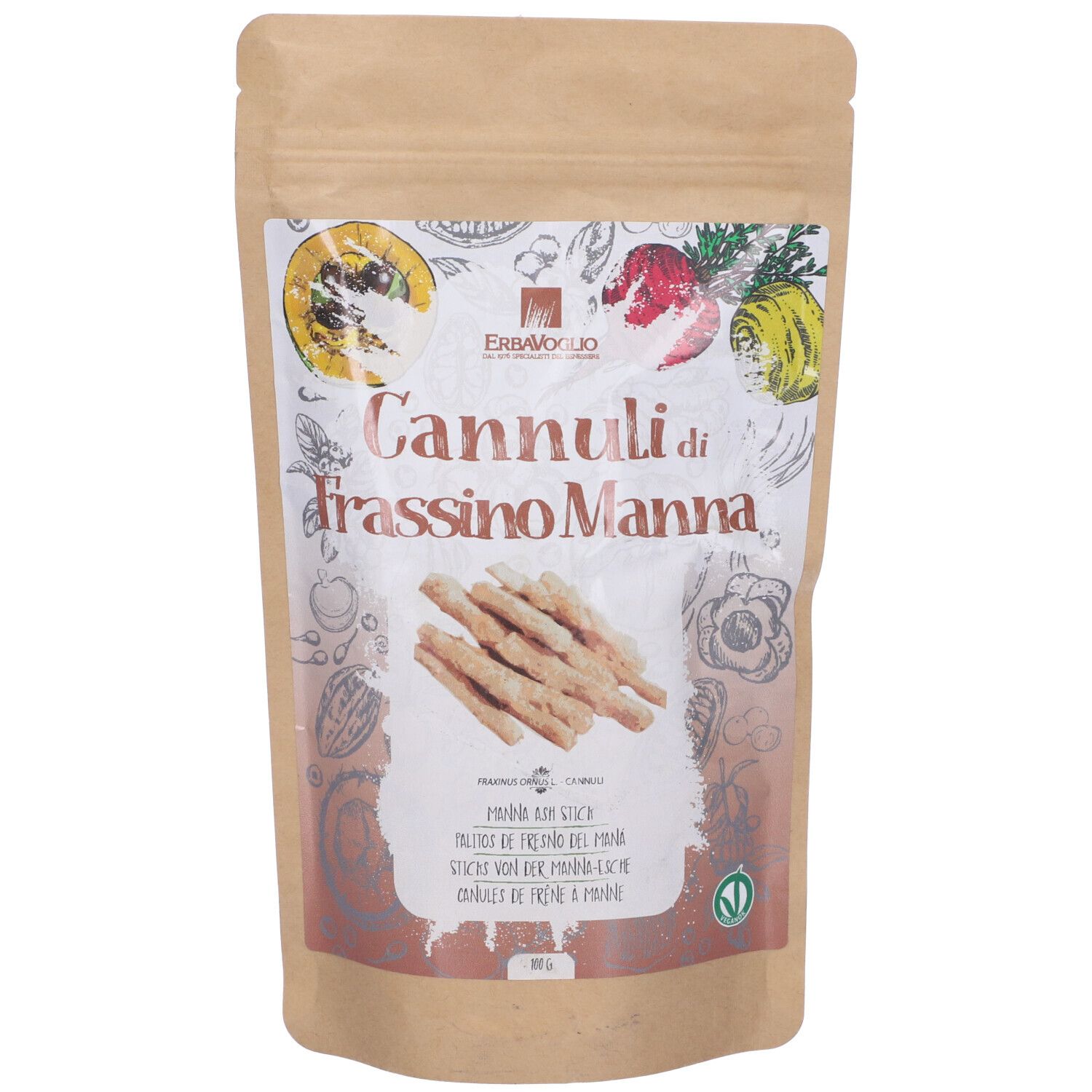 Confezione di Cannuli di Frassino Manna. Immagine di bastoncini. Imballaggio marrone con logo e testo.