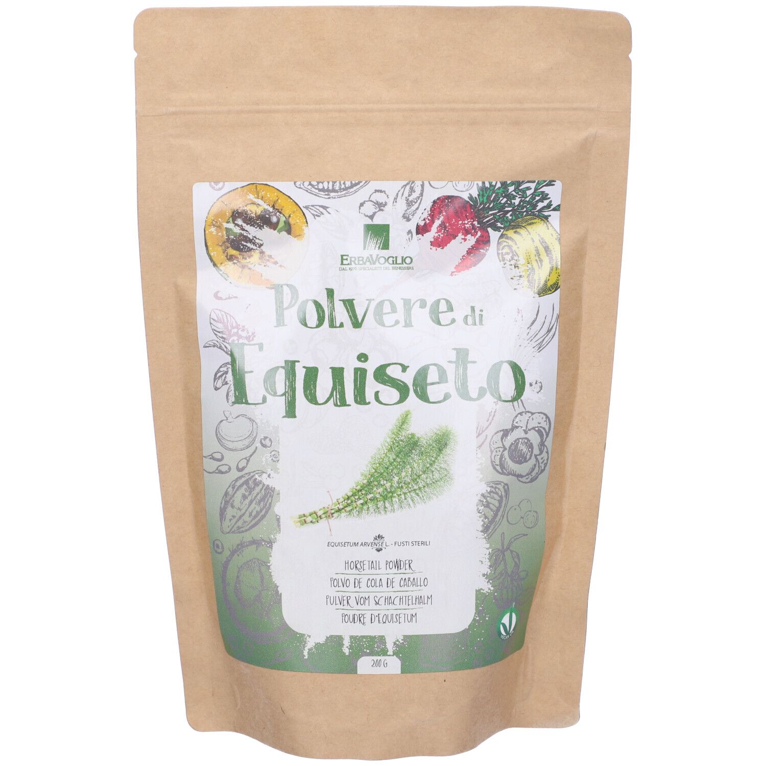 Busta con etichetta. Etichetta con nome del prodotto e illustrazione vegetale. Busta marrone.