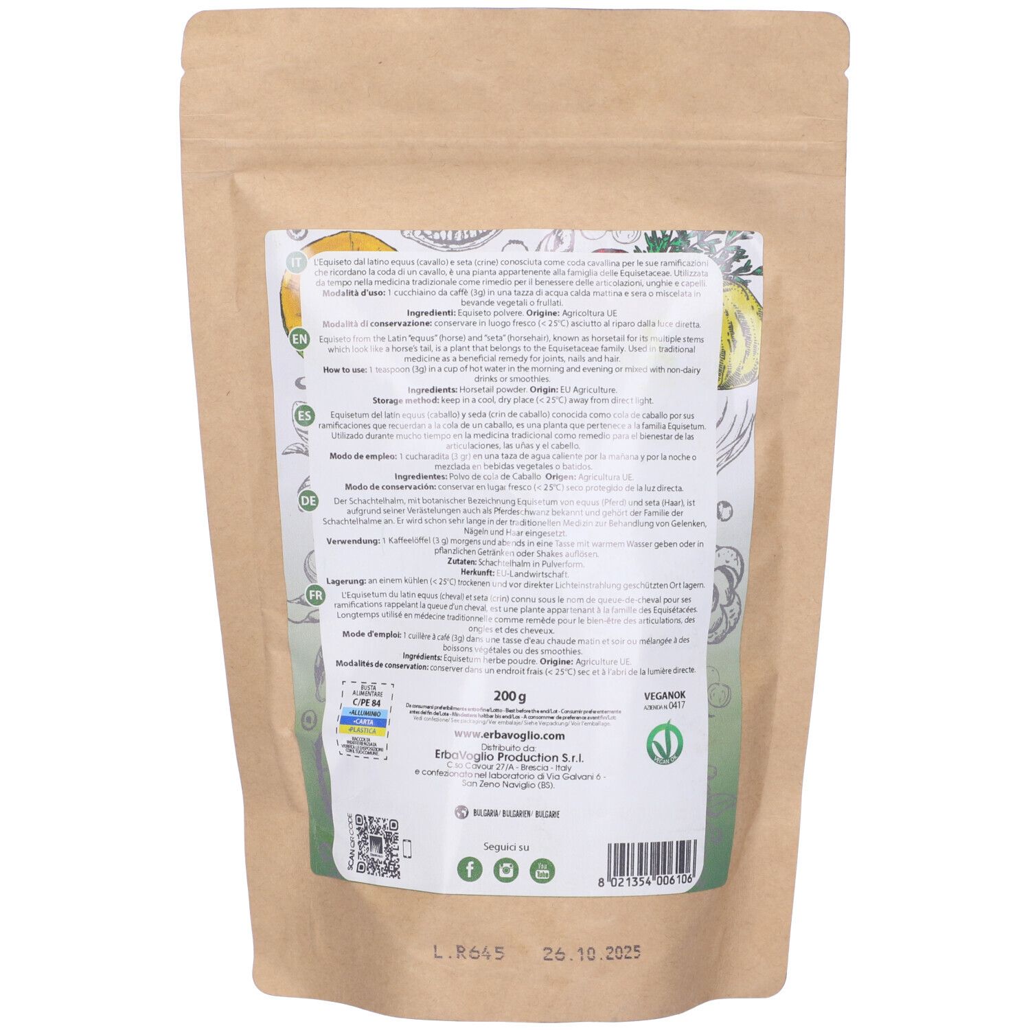 Retro della busta con etichetta. Etichetta con informazioni sul prodotto e ingredienti. Busta marrone.