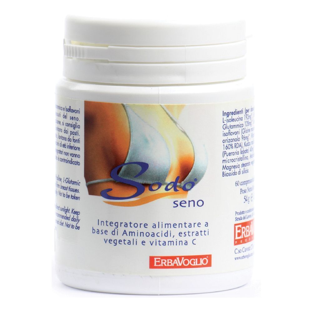 Barattolo bianco con etichetta. Scritta: Sodo seno. Contiene 60 capsule. Marchio: ErbaVoglio.