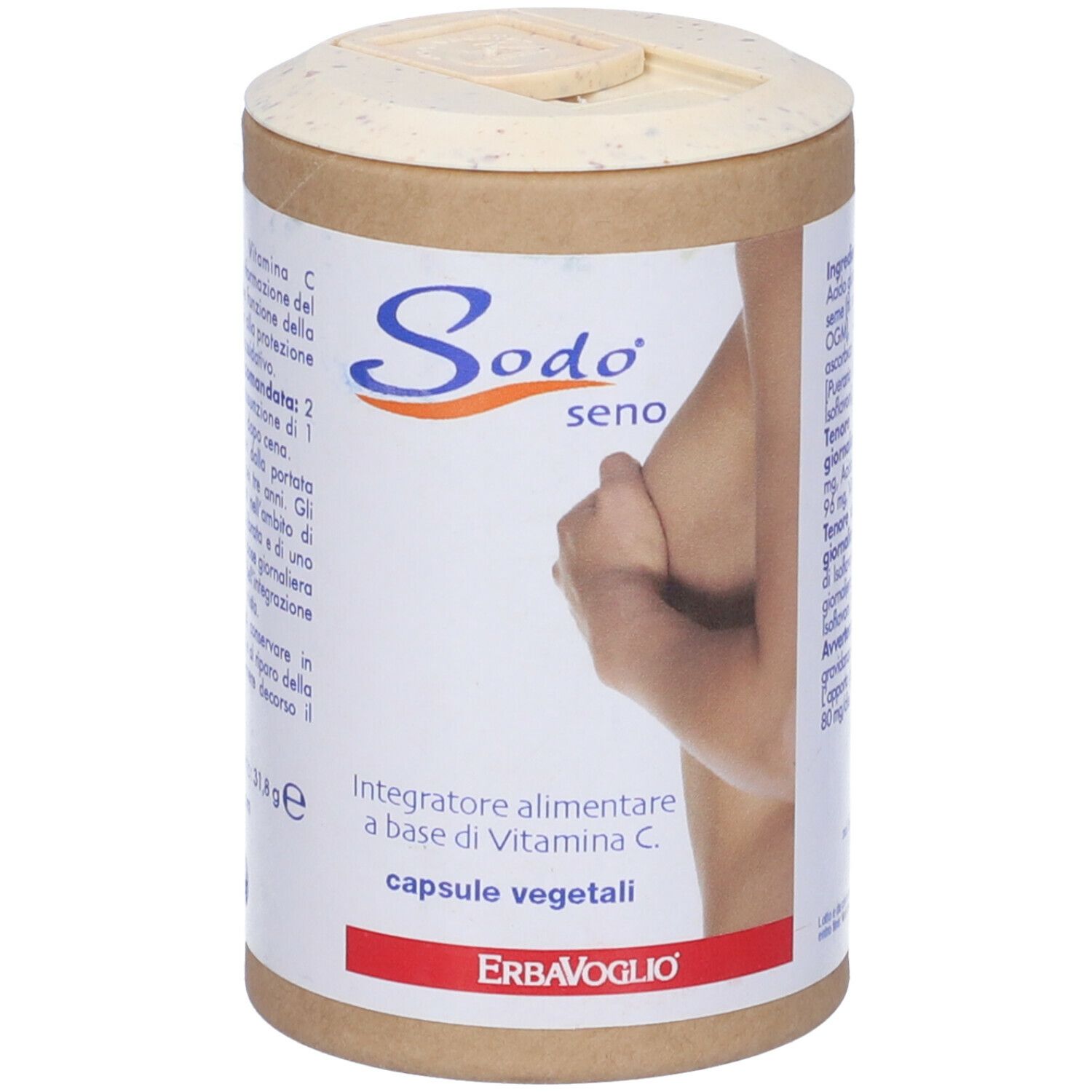 Barattolo cilindrico con coperchio. Scritta: Sodo seno. Contiene 60 capsule. Marchio: ErbaVoglio.