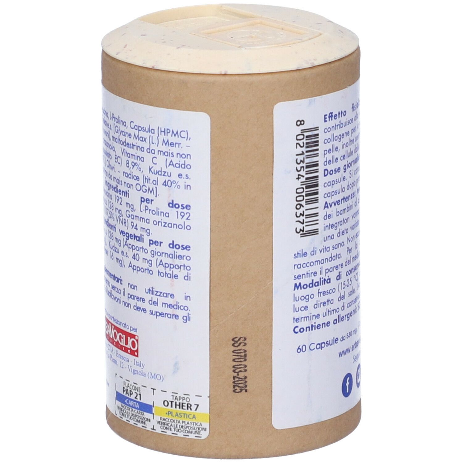 Barattolo cilindrico con coperchio. Lato con ingredienti. Contiene 60 capsule. Marchio: ErbaVoglio.