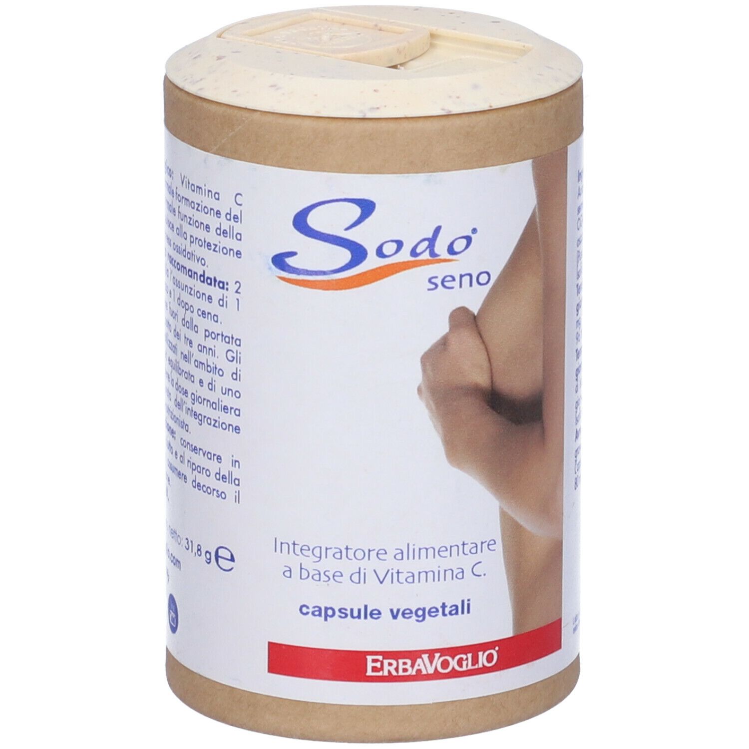 Barattolo cilindrico con coperchio. Scritta: Sodo seno. Contiene 60 capsule. Marchio: ErbaVoglio.