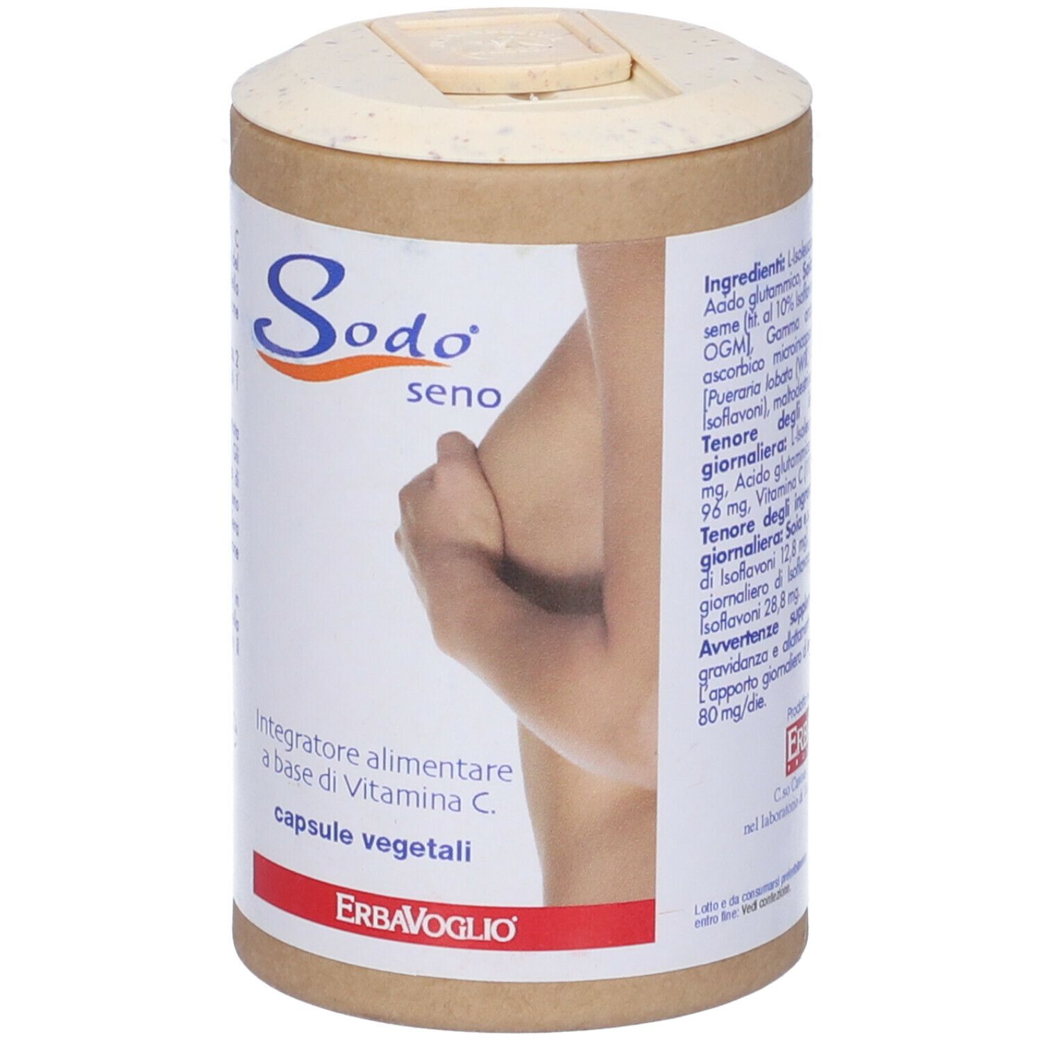 Barattolo cilindrico con coperchio. Scritta: Sodo seno. Contiene 60 capsule. Marchio: ErbaVoglio.